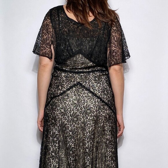 Vintage 1930s Black LACE Bias Cut Dress with CAPELET! Medium to Large - Picture 9 of 9